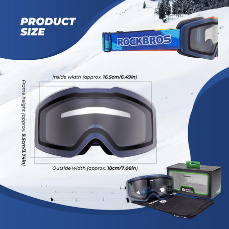 ROCKBROS ROCKBROS Okulary Narciarskie Gogle, Polaryzacyjne, Przeciwmgielne, Jasne i Szerokie Widzenia, Niełatwe do Złamania, Regulowany Pałąk, Wygodne, Uniwersalne, Niebieski Gogle narciarskie