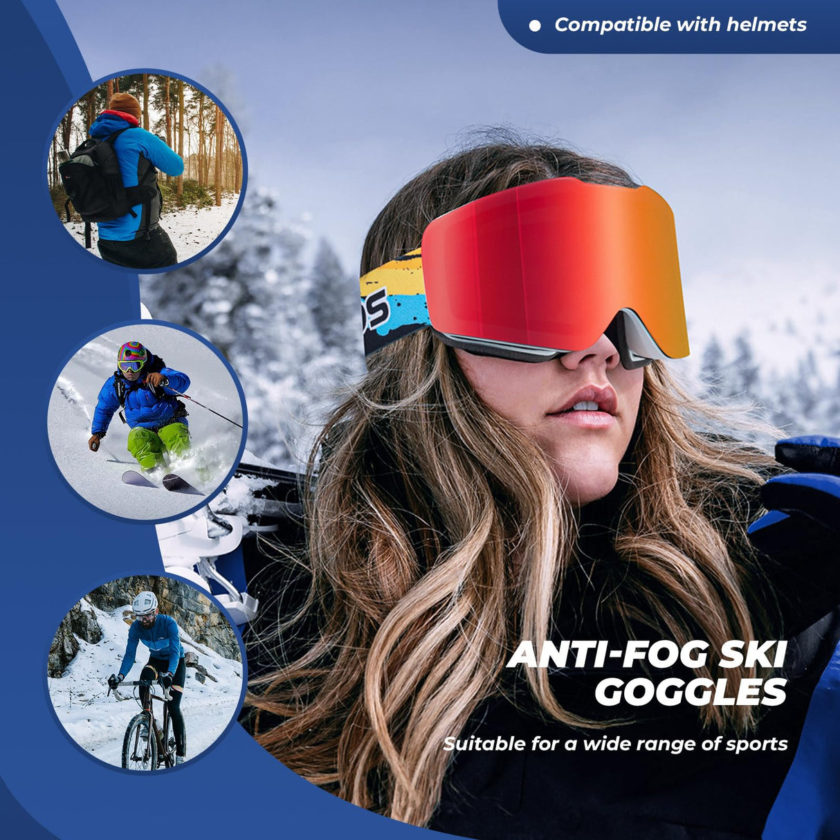 ROCKBROS ROCKBROS Okulary Narciarskie Gogle, Polaryzacyjne, Przeciwmgielne, Jasne i Szerokie Widzenia, Niełatwe do Złamania, Regulowany Pałąk, Wygodne, Uniwersalne, Niebieski Gogle narciarskie