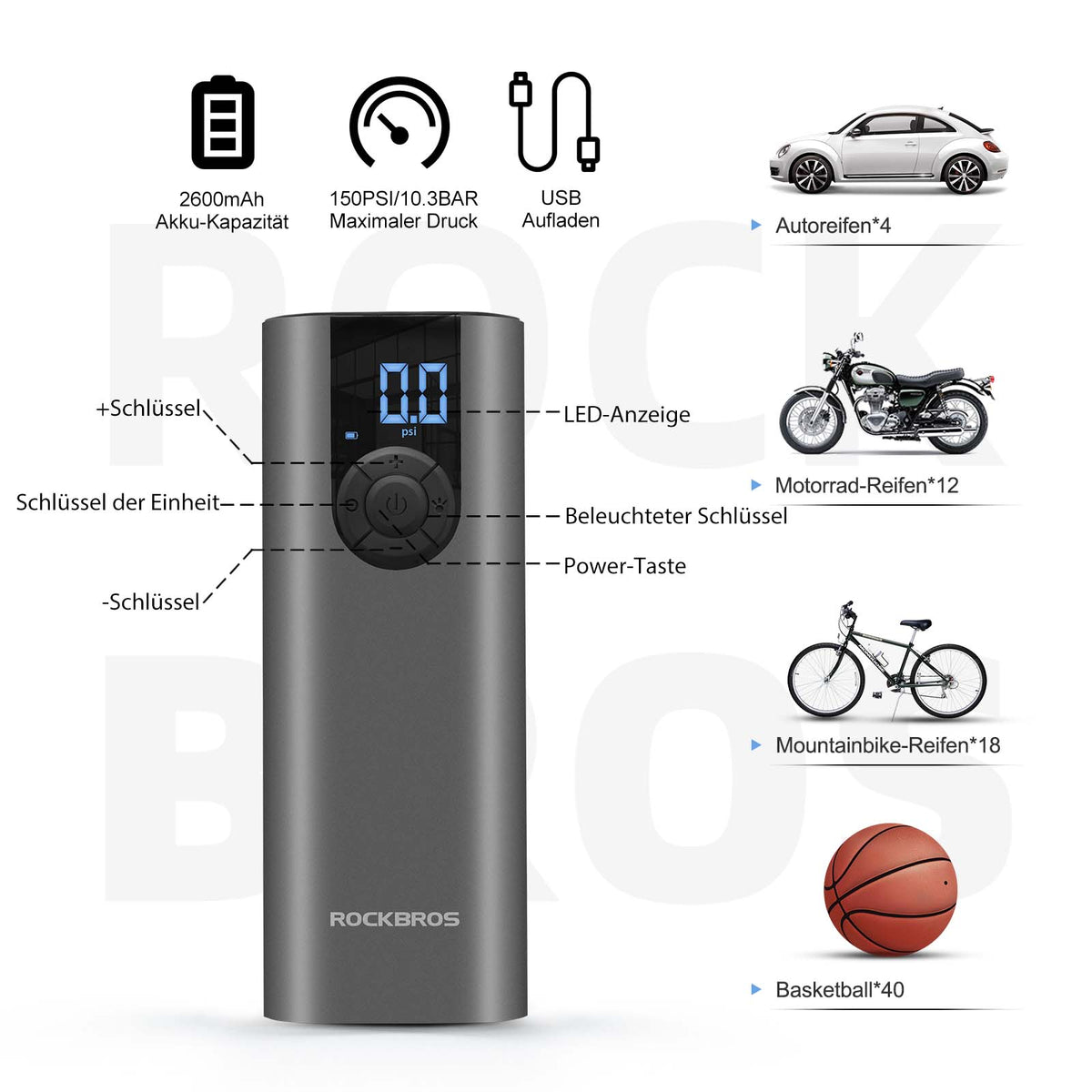 ROCKBROS Elektryczna Pompka Rowerowa A8 150 PSI z Wyświetlaczem LCD Elektryczne pompki