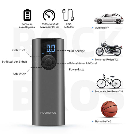 ROCKBROS Elektryczna Pompka Rowerowa A8 150 PSI z Wyświetlaczem LCD Elektryczne pompki
